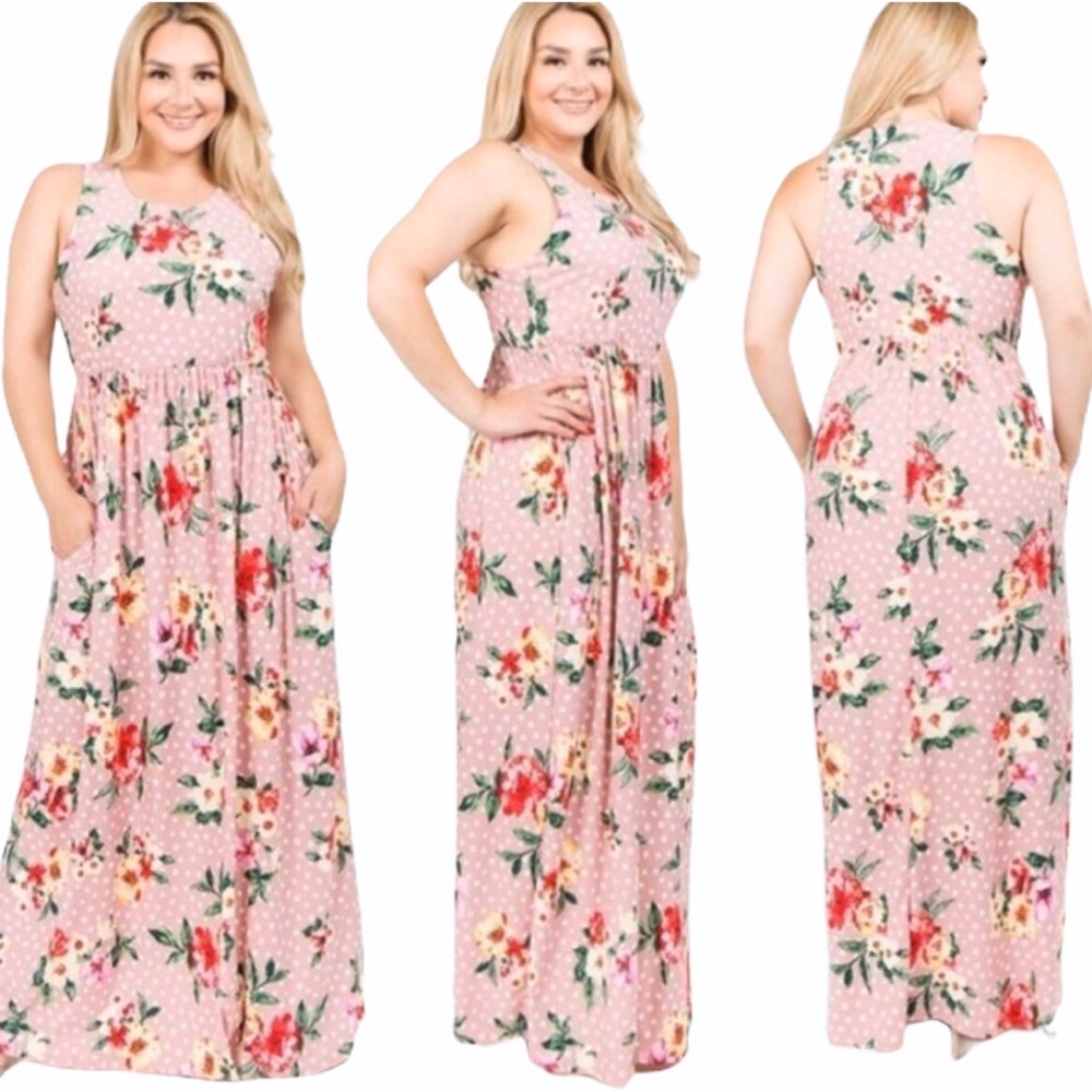 Floral Print Polka Dot Pocket Maxi Dress 1X 2X 3X - Picture 1 of 8